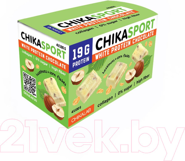 Изображение товара Протеиновый шоколад Chikalab Шоколад белый с фундуком и кукурузными чипсами (4x100г)
