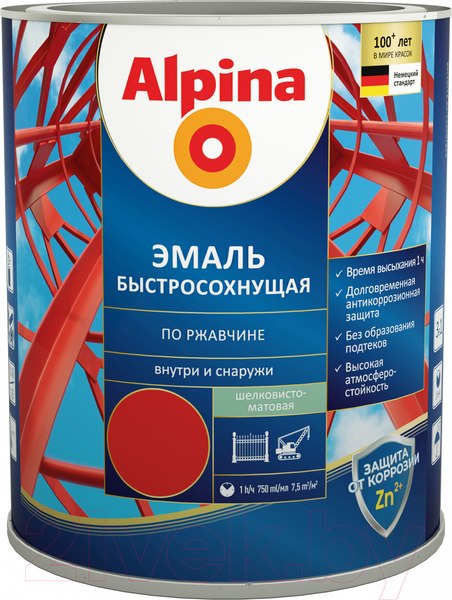 Изображение товара Грунт-эмаль Alpina Быстросохнущая по ржавчине RAL3000 (750мл, шелковисто-матовый)