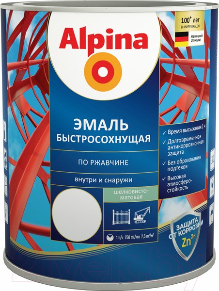 Изображение товара Грунт-эмаль Alpina Быстросохнущая по ржавчине RAL9003 (750мл, белый, шелковисто-матовый)