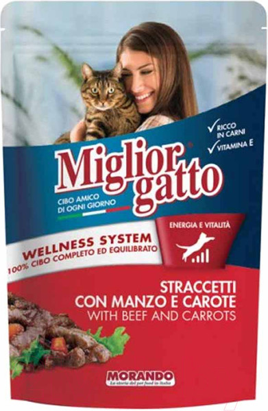 Изображение товара Влажный корм для кошек Miglior Gatto Strips Beef and Carrots (100г)