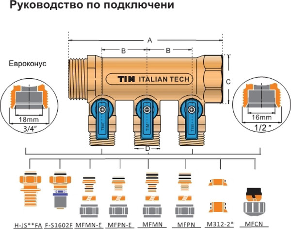Изображение товара Коллектор отопления Tim С шаровым краном (200-5 3/4"г/ш x 16-5 вых.универс.)