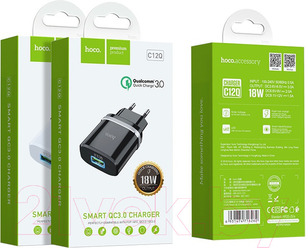 Изображение товара Адаптер питания сетевой Hoco C12Q, QC3.0 / 6931474716262 (белый)