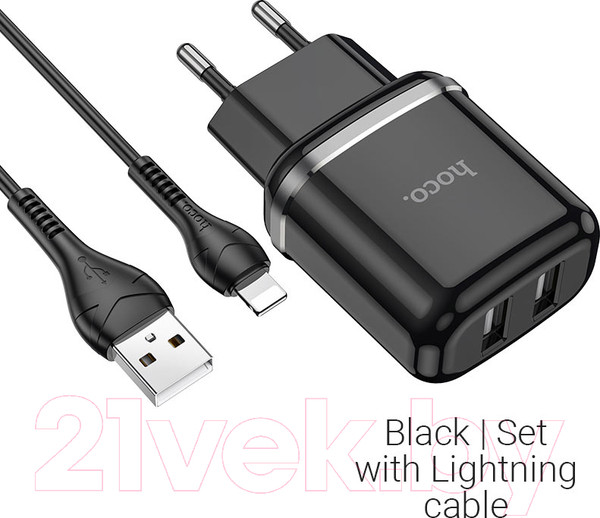 Изображение товара Зарядное устройство сетевое Hoco N4 + кабель AM-8pin Lightning / 6931474731012 (черный)