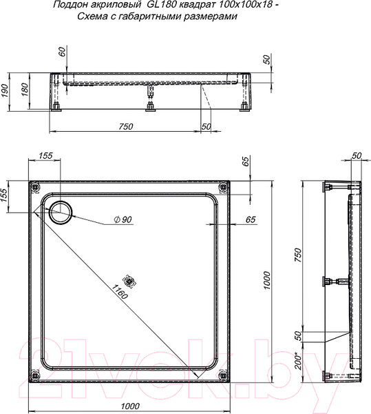 Изображение товара Душевой поддон Aquanet GL180 100x18 / 265562