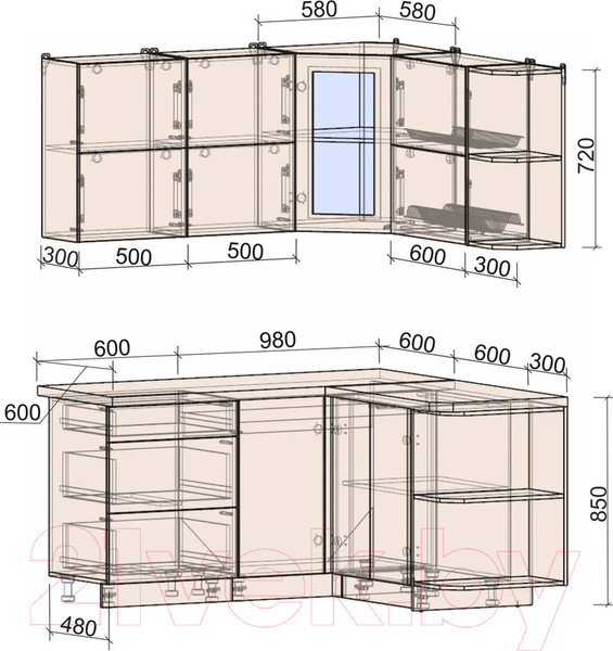 Изображение товара Кухонный гарнитур Интерлиния Мила Матте 1.5x1.6 А правая (луна/луна/травертин серый)