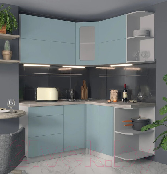 Изображение товара Кухонный гарнитур Интерлиния Мила Матте 1.5x1.6 А правая (океан/океан/травертин серый)