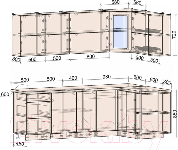 Изображение товара Кухонный гарнитур Интерлиния Мила Матте 1.5x2.4 А правая (белый/белый/кастилло тёмный)