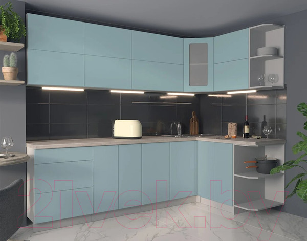 Изображение товара Кухонный гарнитур Интерлиния Мила Матте 1.5x2.6 А правая (океан/океан/травертин серый)