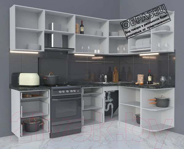 Изображение товара Кухонный гарнитур Интерлиния Мила Матте 1.5x2.5 Б правая (океан/океан/травертин серый)