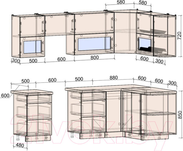 Изображение товара Кухонный гарнитур Интерлиния Мила Матте 1.5x2.5 Б правая (океан/океан/травертин серый)