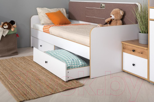 Изображение товара Кровать-тахта Mobi Вуди 11.02 (белый премиум/дуб золотой Craft/савана латте/эко 100 кожзам гранд белый)