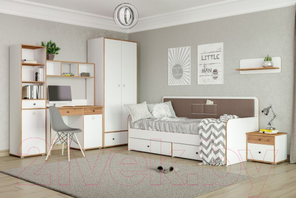 Изображение товара Кровать-тахта Mobi Вуди 11.02 (белый премиум/дуб золотой Craft/савана латте/эко 100 кожзам гранд белый)