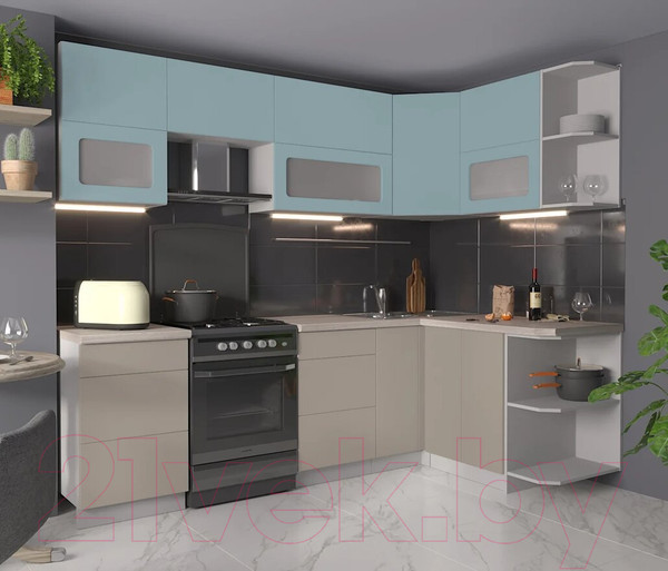 Изображение товара Кухонный гарнитур Interline Мила Матте 1.5x2.5 Б правая (океан/луна/травертин серый)