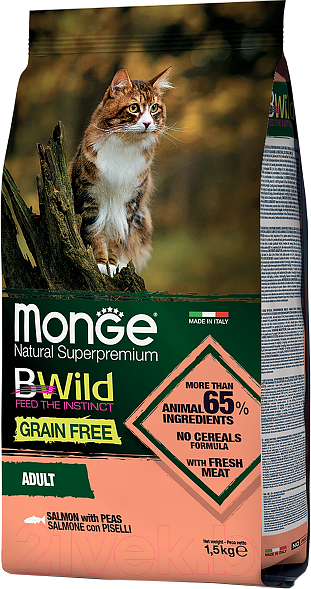 Изображение товара Сухой корм для кошек Monge Cat BWild Grain Free Adult Лосось и горох (1.5кг)