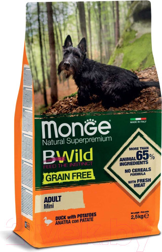 Изображение товара Сухой корм для собак Monge Dog BWild Grain Free Adult Mini Duck&Patato (2.5кг)