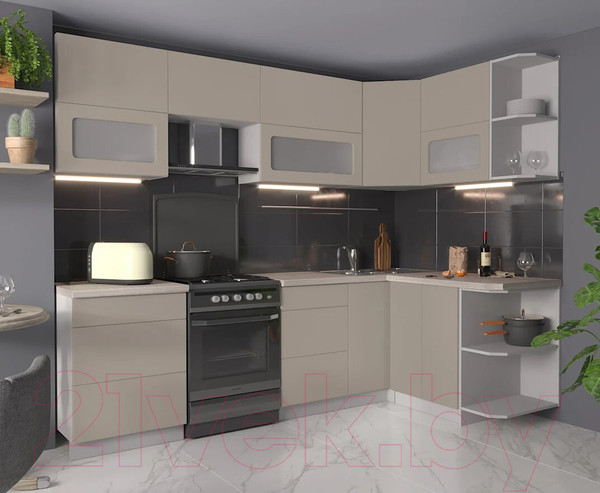 Изображение товара Кухонный гарнитур Интерлиния Мила Матте 1.5x2.6 Б правая (луна/луна/травертин серый)