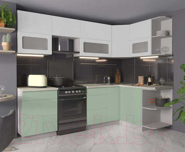 Изображение товара Кухонный гарнитур Интерлиния Мила Матте 1.5x2.6 Б правая (белый/мята/опал светлый)