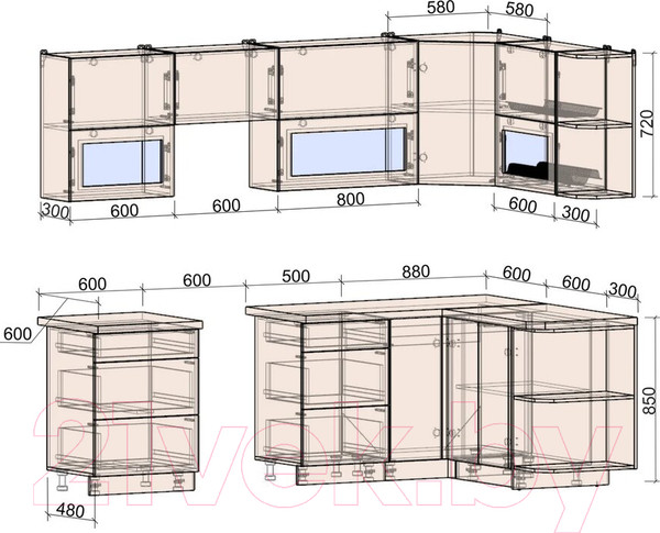 Изображение товара Кухонный гарнитур Интерлиния Мила Матте 1.5x2.6 Б правая (океан/океан/травертин серый)