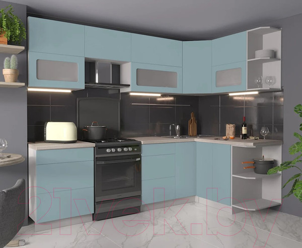 Изображение товара Кухонный гарнитур Интерлиния Мила Матте 1.5x2.6 Б правая (океан/океан/травертин серый)