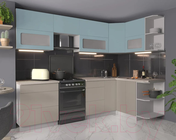 Изображение товара Кухонный гарнитур Интерлиния Мила Матте 1.5x2.7 Б правая (океан/луна/травертин серый)