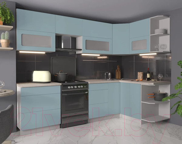 Изображение товара Кухонный гарнитур Интерлиния Мила Матте 1.5x2.7 Б правая (океан/океан/травертин серый)