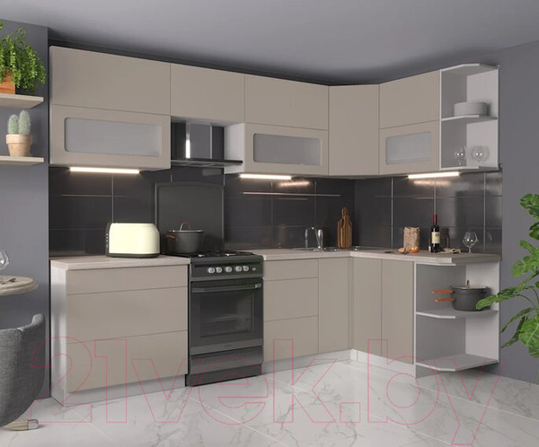 Изображение товара Кухонный гарнитур Интерлиния Мила Матте 1.5x2.8 Б правая (луна/луна/травертин серый)