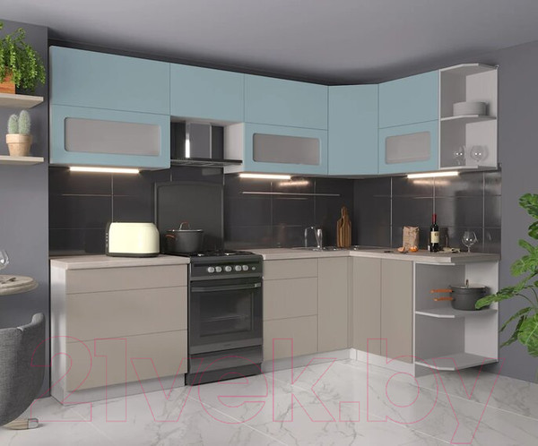 Изображение товара Кухонный гарнитур Интерлиния Мила Матте 1.5x2.8 Б правая (океан/луна/травертин серый)