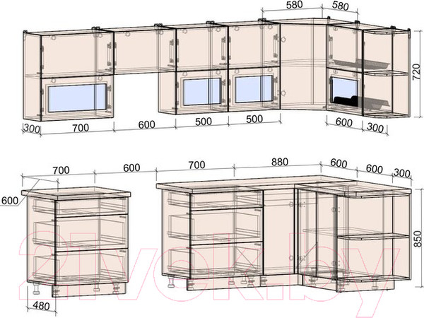 Изображение товара Кухонный гарнитур Интерлиния Мила Матте 1.5x2.9 Б правая (луна/луна/травертин серый)