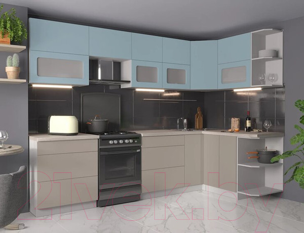 Изображение товара Кухонный гарнитур Интерлиния Мила Матте 1.5x2.9 Б правая (океан/луна/травертин серый)