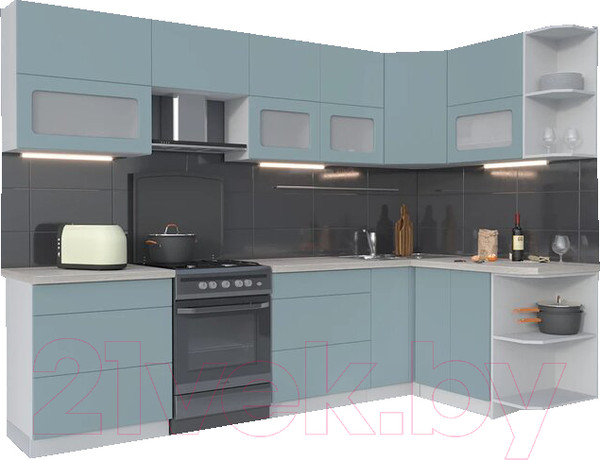 Изображение товара Кухонный гарнитур Интерлиния Мила Матте 1.5x2.9 Б правая (океан/океан/травертин серый)