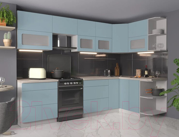 Изображение товара Кухонный гарнитур Интерлиния Мила Матте 1.5x2.9 Б правая (океан/океан/травертин серый)