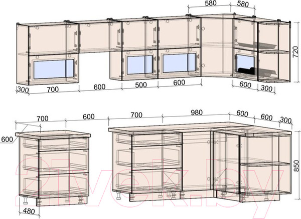 Изображение товара Кухонный гарнитур Интерлиния Мила Матте 1.5x3.0 Б правая (белый/белый/опал светлый)
