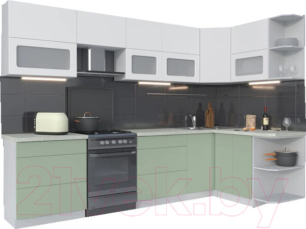 Изображение товара Кухонный гарнитур Интерлиния Мила Матте 1.5x3.0 Б правая (белый/мята/опал светлый)