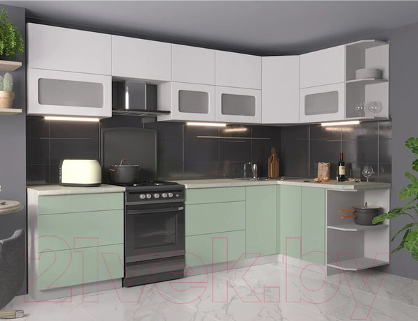 Изображение товара Кухонный гарнитур Интерлиния Мила Матте 1.5x3.0 Б правая (белый/мята/опал светлый)