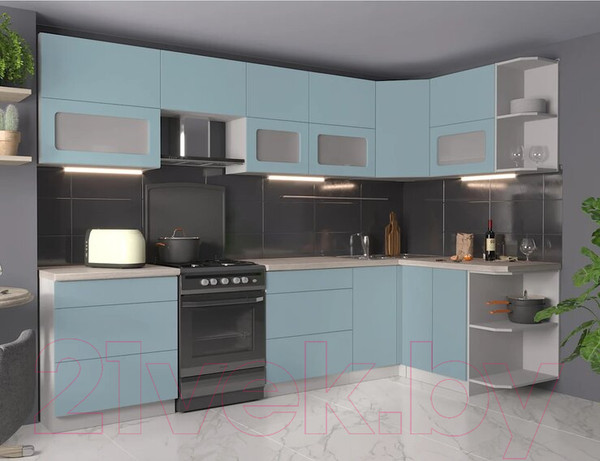 Изображение товара Кухонный гарнитур Интерлиния Мила Матте 1.5x3.0 Б правая (океан/океан/травертин серый)