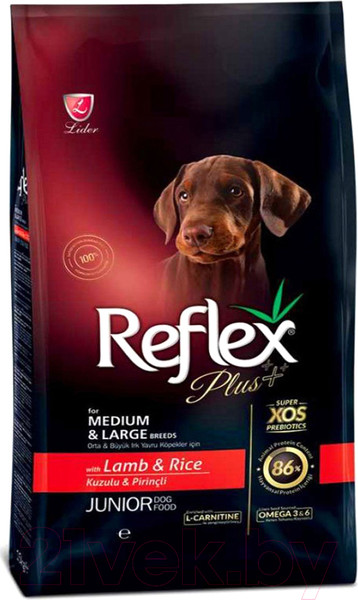 Изображение товара Сухой корм для собак Reflex Plus Junior Для средних и крупных пород с ягненком и рисом (3кг)
