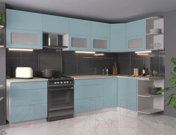 Изображение товара Кухонный гарнитур Интерлиния Мила Матте 1.5x3.1 Б правая (океан/океан/травертин серый)