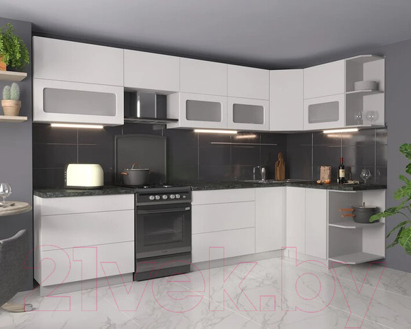 Изображение товара Кухонный гарнитур Интерлиния Мила Матте 1.5x3.2 Б правая (белый/белый/кастилло темный)