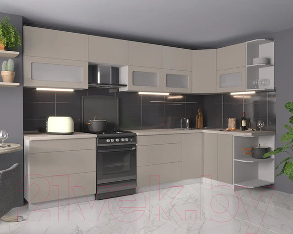 Изображение товара Кухонный гарнитур Интерлиния Мила Матте 1.5x3.2 Б правая (луна/луна/травертин серый)