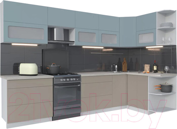 Изображение товара Кухонный гарнитур Интерлиния Мила Матте 1.5x3.2 Б правая (океан/луна/травертин серый)
