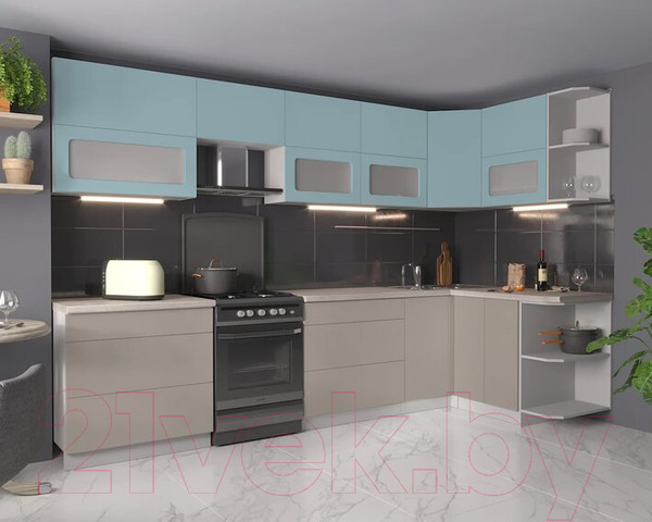 Изображение товара Кухонный гарнитур Интерлиния Мила Матте 1.5x3.2 Б правая (океан/луна/травертин серый)