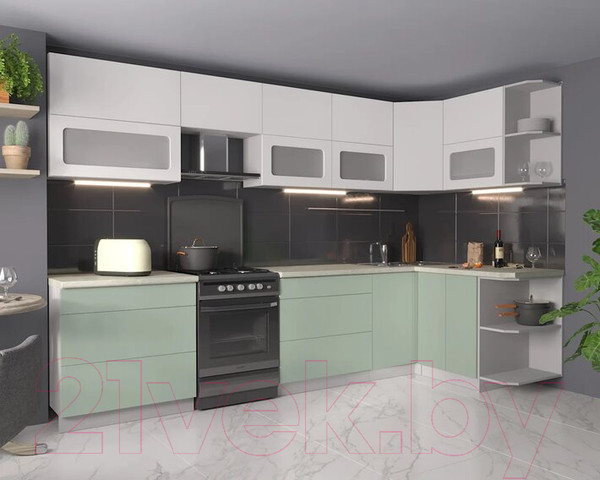 Изображение товара Кухонный гарнитур Интерлиния Мила Матте 1.5x3.2 Б правая (белый/мята/опал светлый)