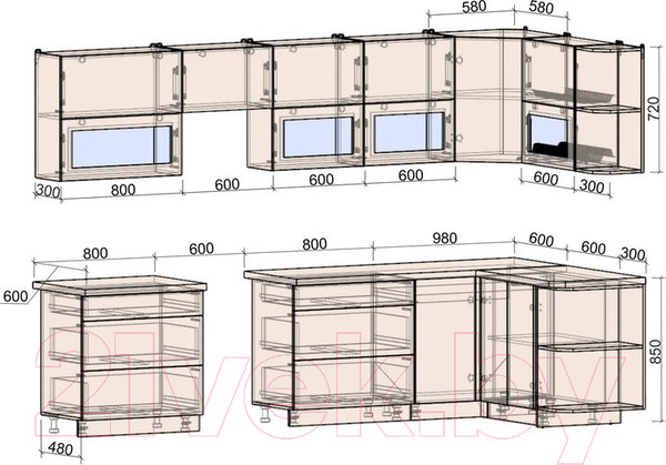 Изображение товара Кухонный гарнитур Интерлиния Мила Матте 1.5x3.2 Б правая (океан/океан/травертин серый)