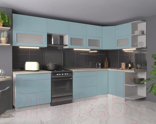 Изображение товара Кухонный гарнитур Интерлиния Мила Матте 1.5x3.2 Б правая (океан/океан/травертин серый)