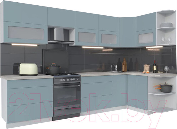 Изображение товара Кухонный гарнитур Интерлиния Мила Матте 1.5x3.2 Б правая (океан/океан/травертин серый)