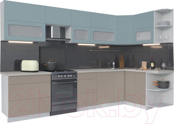 Изображение товара Кухонный гарнитур Интерлиния Мила Матте 1.5x3.3 Б правая (океан/луна/травертин серый)