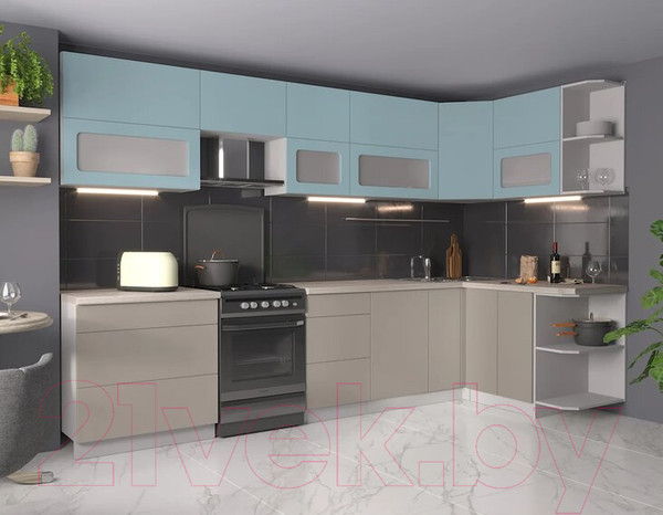 Изображение товара Кухонный гарнитур Интерлиния Мила Матте 1.5x3.3 Б правая (океан/луна/травертин серый)