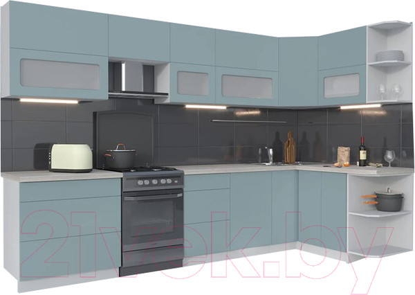 Изображение товара Кухонный гарнитур Интерлиния Мила Матте 1.5x3.3 Б правая (океан/океан/травертин серый)