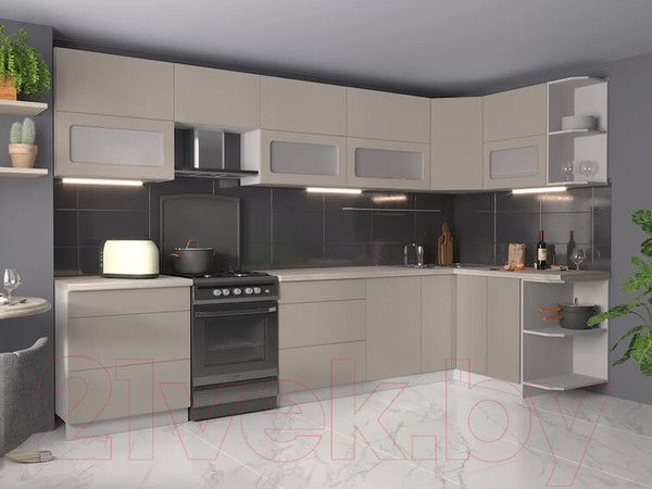 Изображение товара Кухонный гарнитур Интерлиния Мила Матте 1.5x3.4 Б правая (луна/луна/травертин серый)