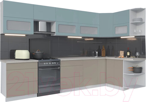 Изображение товара Кухонный гарнитур Интерлиния Мила Матте 1.5x3.4 Б правая (океан/луна/травертин серый)